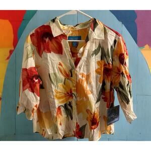 NWT Island Winds Petite Tropical Floral Short Sleeve Shirt Size PXL Orange